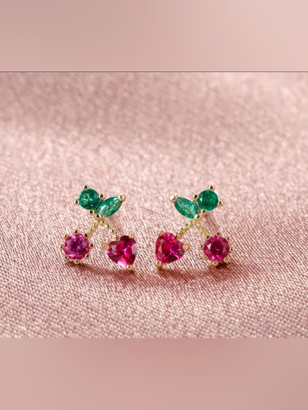 $8 Each Or Bundle 5/$20 Gold Cherry Stud Earrings with Pink and Green Crystals